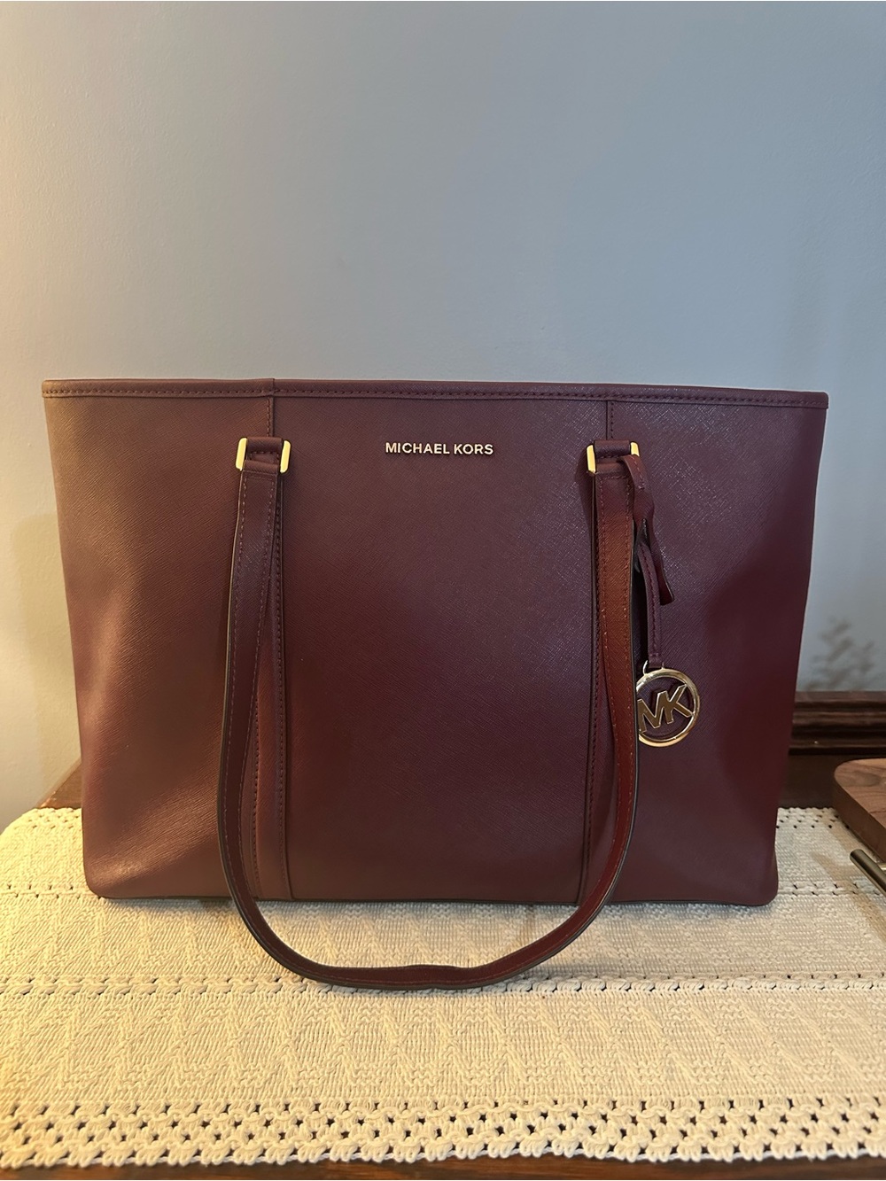 MICHAEL KORS Wine Saffiano Leather Tote with Gold Hardware